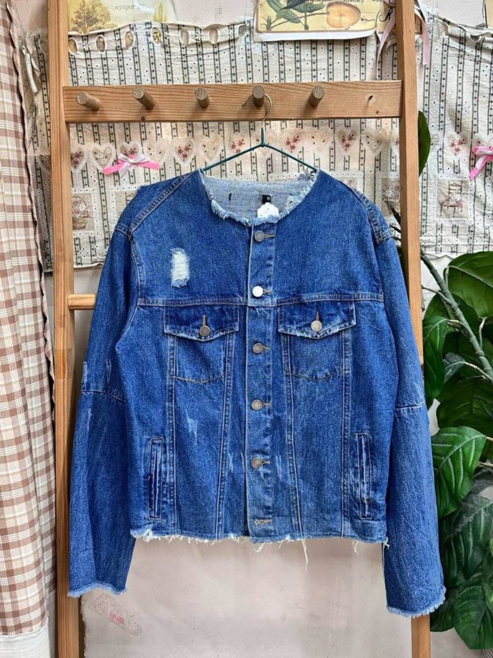 Vintage Blue Distressed Denim Jacket with Raw Hem
